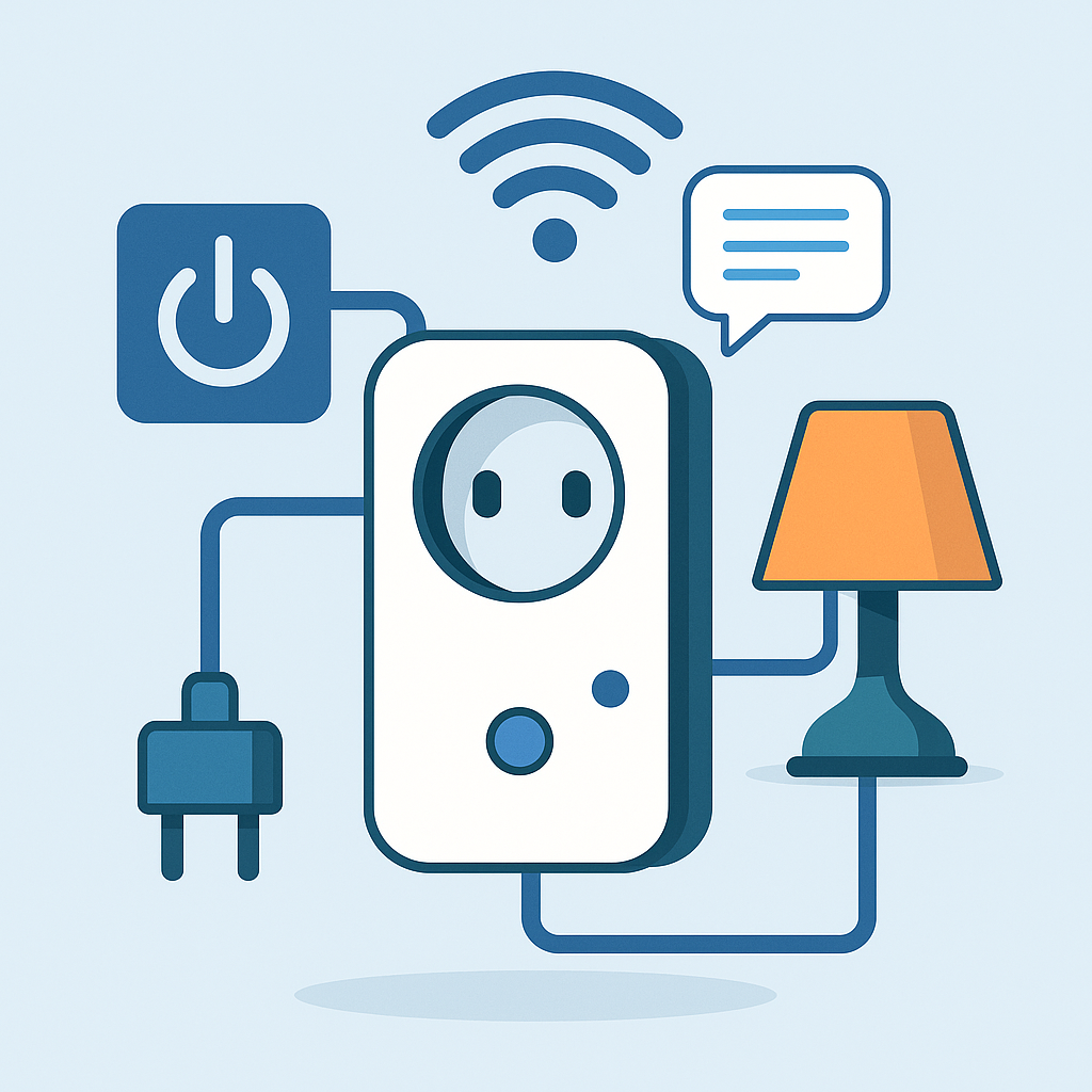 Illustration eines Smart Plugs in moderner Wohnung, angeschlossen an eine klassische Lampe zur intelligenten Steuerung.