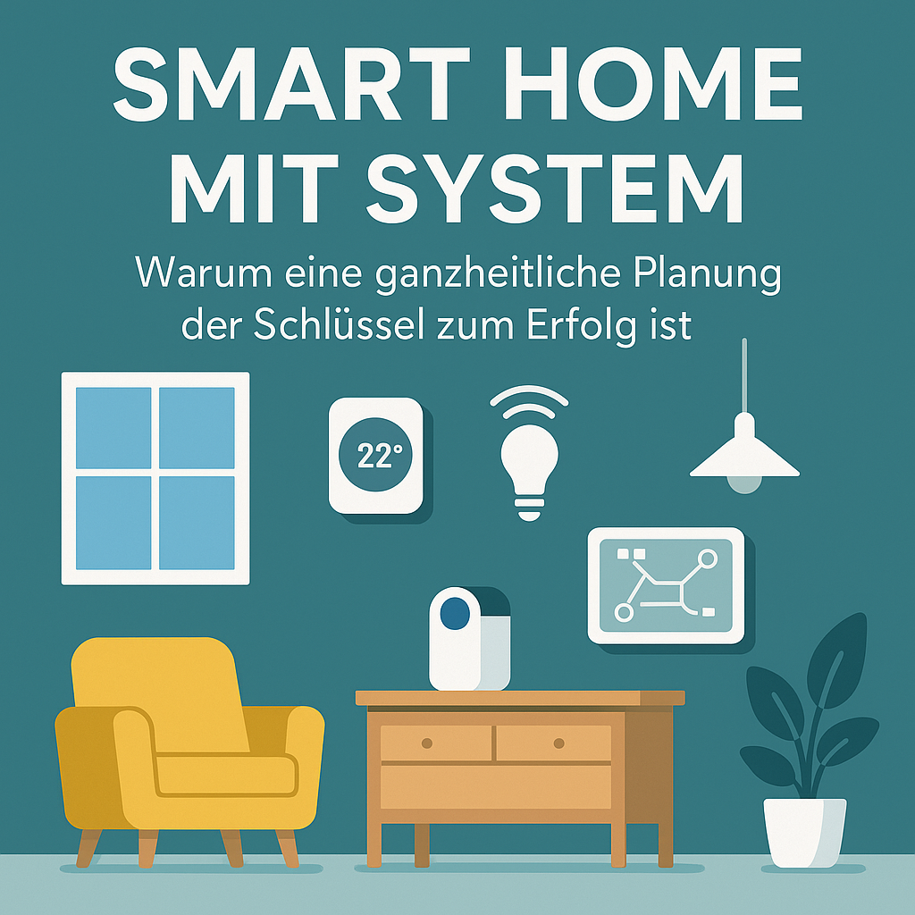Moderne Darstellung eines vernetzten Smart Homes mit Planungselementen und Symbolen für Automatisierung, Sicherheit und Energieeffizienz.