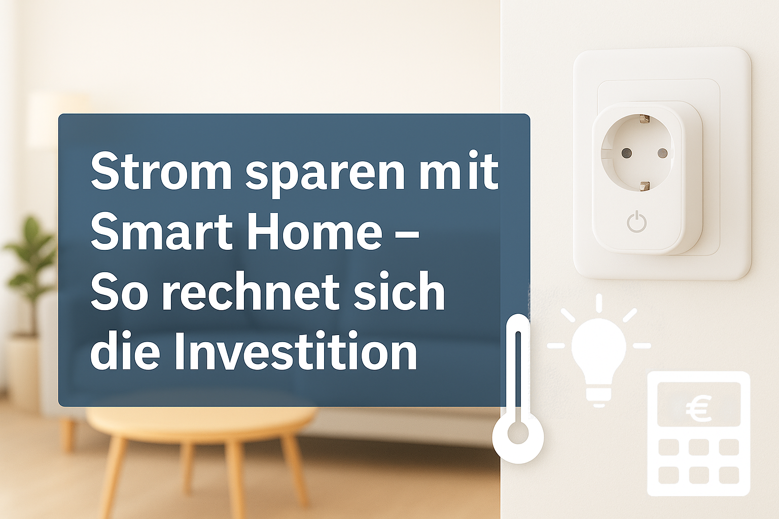 Smart Home Geräte zur Energieeinsparung mit Steckdose, Lampe, Rechner und Temperaturanzeige