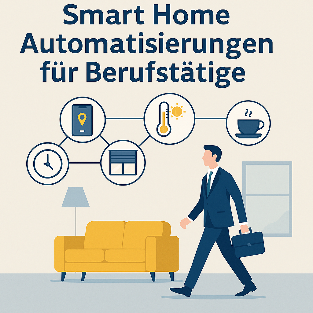 Digitale Illustration zeigt automatisierte Smart-Home-Funktionen für Berufstätige in einem modernen Zuhause