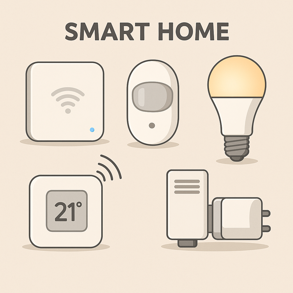 Illustration zeigt die grundlegende Smart-Home-Ausstattung für Einsteiger – inklusive Zentrale, Sensoren und smarter Beleuchtung