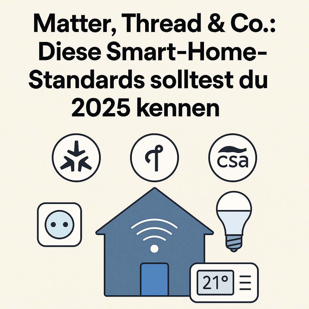 Illustration von vernetzten Smart-Home-Geräten mit Matter- und Thread-Symbolen